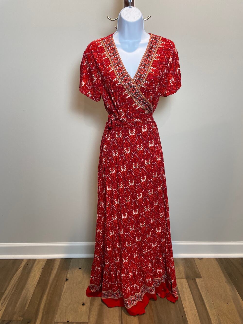 Zesica Red White Boho Maxi Wrap Dress Size M Short Sleeve